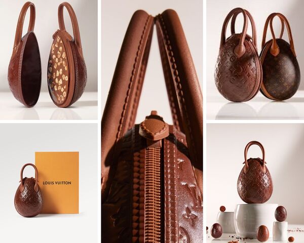 différentes vues du egg bag en chocolat né de la collab Louix Vuitton x Maxime Frédéric