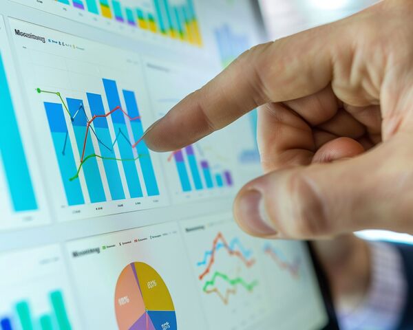 un doigt sur un écran d'ordinateur où apparaissent des infographies